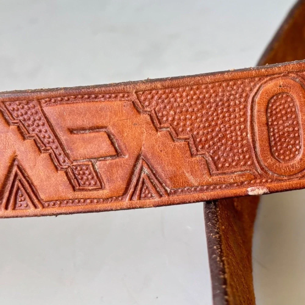 Oaxaca Tooled Leather Belt Brown Geometric Handcrafted Southwestern